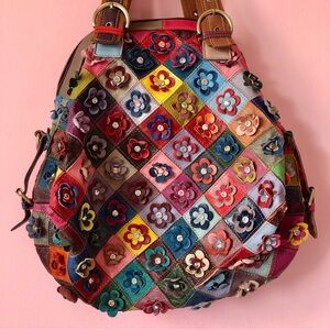 Colorful boho genuine leather flower/rhinestone hobo bag